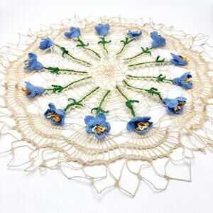 Vintage Crochet Blue Bells Doily 3D Flowers Hand Tatted Blue Green Spring Easter